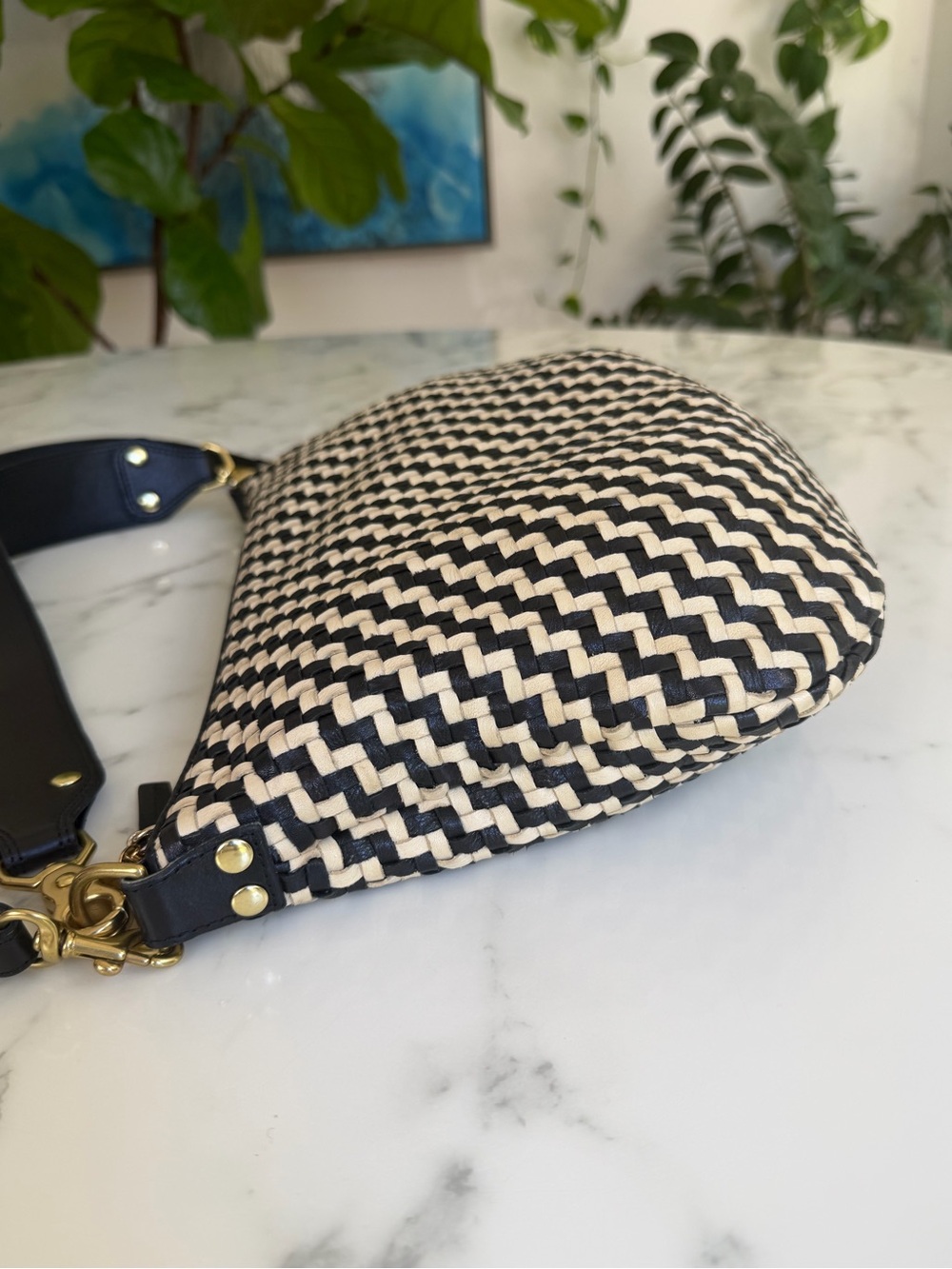 Clare V. Moyen Messenger Bag Black & Cream Woven Zig Zag Leather Crossbody - Picture 11 of 16